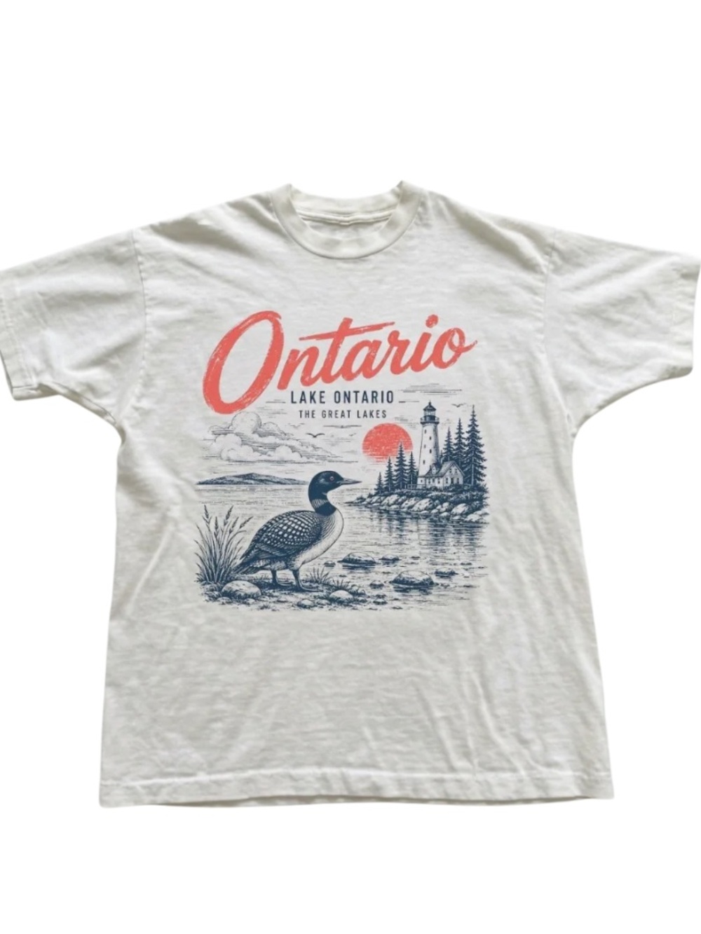 White Tee with Coral and Navy Ontario Graphic